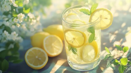 Fototapeta premium Refreshing lemonade with vibrant lemon slices and fresh mint leaves, perfect for cooling off on a hot summer day, evoking a sense of relaxation and enjoyment.