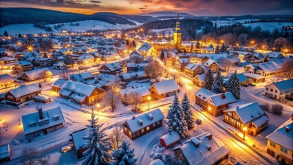 Fototapeta premium Aerial View of a Snow-Covered Town at Christmas Night, Showcasing Twinkling Lights and Serene Streets in a Minimalist Style