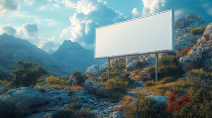 Rustic billboard on rocky mountainside with bright blue sky, rugged outdoor advertising concept, nature and wilderness theme, unique location, empty marketing space