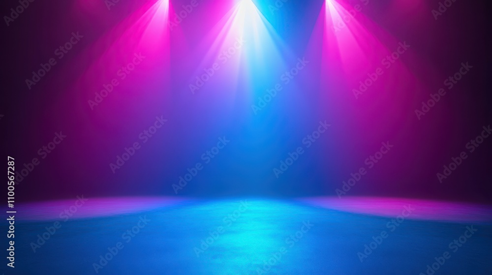 Poster blue and purple spotlights are illuminating an empty stage, casting a hazy glow and creating anticip