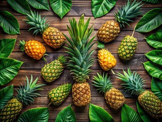 Fototapeta premium Aerial View of a Vibrant Set of Pineapples on a Rustic Wooden Table Surrounded by Greenery for Freshness and Tropical Vibes in Nature Photography