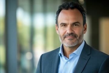 Fototapeta premium Headshot close up portrait of America or Europe confident mature good looking middle age leader, ceo male businessman on blur office background. Handsome hispanic senior business man smiling at camera