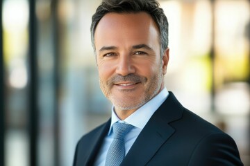 Fototapeta premium Headshot close up portrait of America or Europe confident mature good looking middle age leader, ceo male businessman on blur office background. Handsome hispanic senior business man smiling at camera
