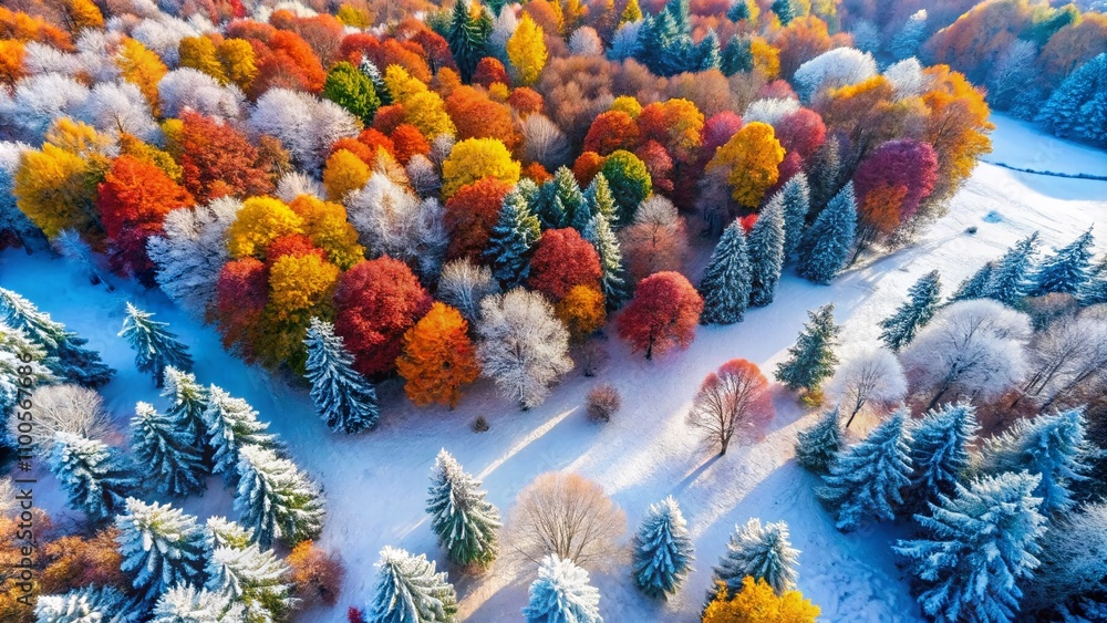 Poster Aerial View of a Winter Wonderland - Colorful Trees Adorned with Snow Creating a Joyful Landscape in a Vibrant and Magical Scene