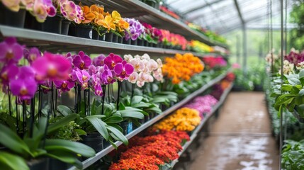 Brightly colored orchids are neatly arranged on shelves in a well-lit greenhouse, showcasing various hues and promoting plant care and beauty