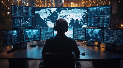 Man working in command center with glowing digital world map on multiple monitors, global data analysis, cyber technology, futuristic surveillance, and network operations