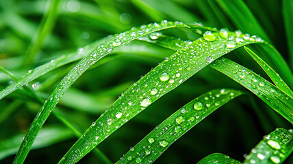 A close-up of slender wild grass blades adorned with morning dew, glistening in soft, natural light, creating a serene and refreshing atmosphere.