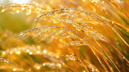 A close-up of slender wild grass blades adorned with morning dew, glistening in soft, natural light, creating a serene and refreshing atmosphere.