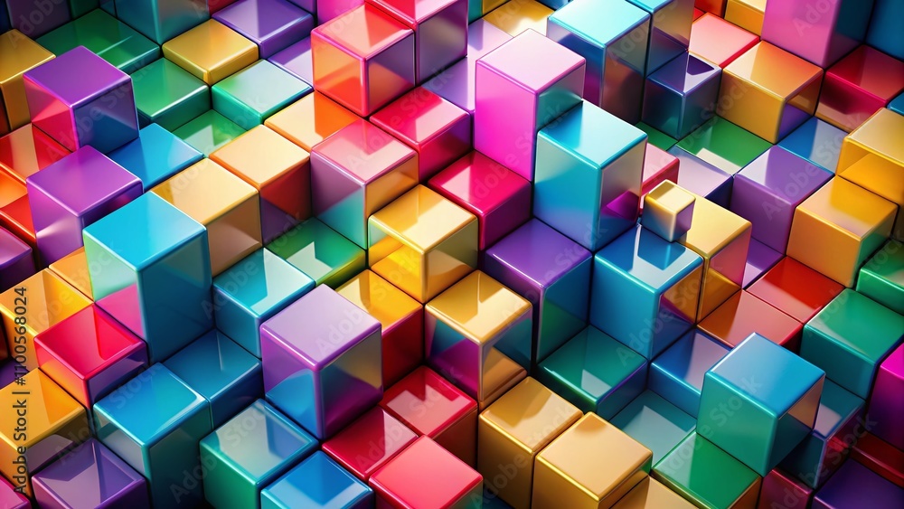 Poster aerial view of colorful 3d cubes arranged in a dynamic composition, showcasing vibrant hues and geom
