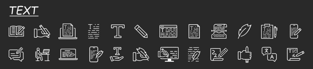 Set of text related vector line icons. Contains such icons as write review, creative article writing, internet content, editing and more. Grey background.