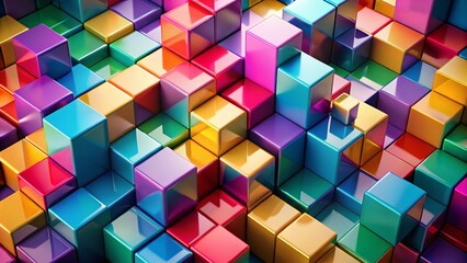 Obraz premium Aerial View of Colorful 3D Cubes Arranged in a Dynamic Composition, Showcasing Vibrant Hues and Geometric Patterns for Abstract Art and Design Concepts