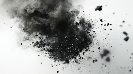 Obraz premium Charcoal, realistic bamboo coal or carbon powder splash of piece particles, white background. Black charcoal explosion in macro closeup of floating coals with dust cloud