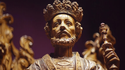 Wooden statue of a king with a crown and scepter.