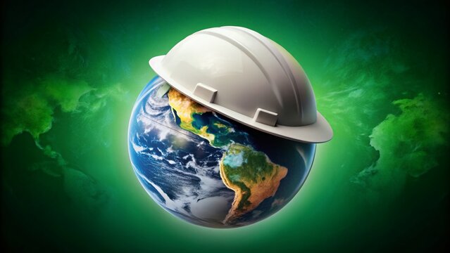 Aerial View of Earth with a Floating Hard Hat in Dark Green Background, Symbolizing Safety and Environmental Awareness in Construction and Industrial Sectors
