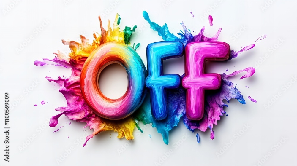 Poster colorful 'off' text design with vibrant splashes in a playful style.