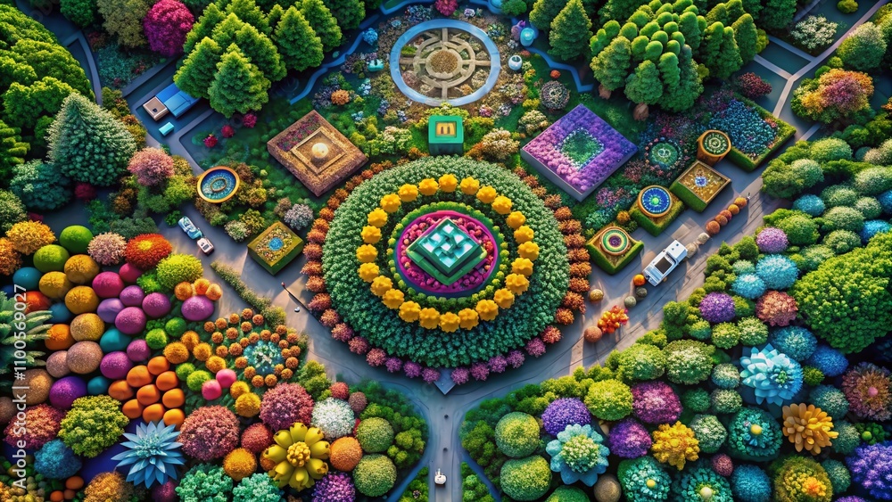 Poster aerial view of financial wonderland: fractal patterns evolving into dynamic market charts captured b