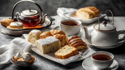 Fototapeta premium Elegant afternoon tea arrangement with delicate china, freshly baked scones, assorted pastries, and steaming cups of tea, perfect for a sophisticated gathering.