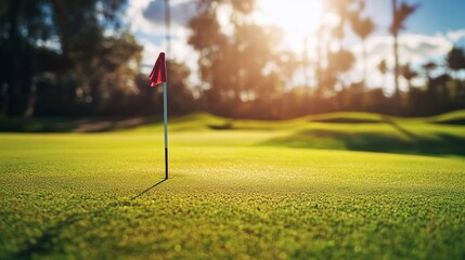 Obraz premium A golf course with a focus on the hole and flag, outdoor setting with bright midday sun, Dynamic style