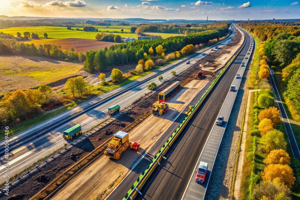 Poster aerial view of highway construction zone with heavy machinery and fresh asphalt, captured from above