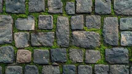 Close up of pavement with green moss between bricks Geometric patterns in natural and urban settings Seamless cobblestones and moss textures Moss removal from the pavement Paving stones wit