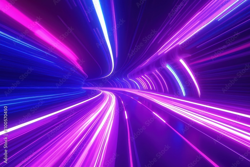 Poster abstract neon light trails depict futuristic speed. dynamic movement within tunnel. vibrant colors c