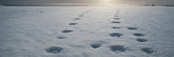 Footprints trailing through a snow-covered landscape.