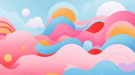 Vibrant Summer Landscape Vector Illustration of Ocean Waves and Clouds