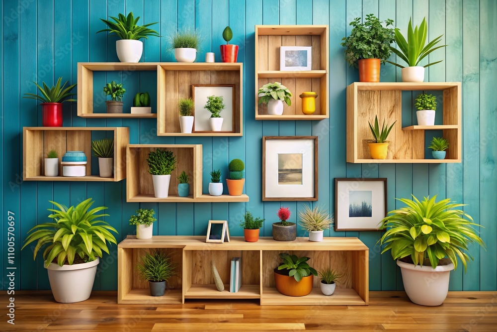 Poster aerial view of multiple blank picture frames on wooden shelf surrounded by decorative items for styl