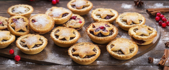 Naklejka premium Box of homemade mince pies. Traditional sweet Christmas food.