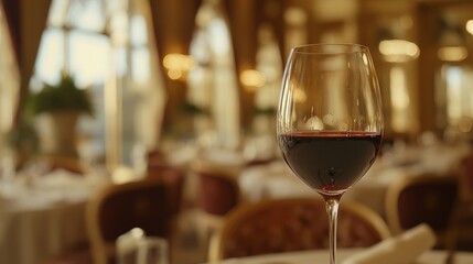 Obraz premium Elegant red wine glass, set against a softly blurred restaurant ambiance, exuding sophistication and inviting warmth, perfect for dining experiences and upscale gatherings