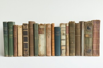 Naklejka premium A diverse array of aged books rests on a white backdrop, showcasing unique covers and spines that attract book lovers and collectors alike. Generative AI