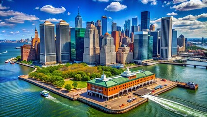 Naklejka premium Aerial View of Staten Island St. George Ferry Terminal with Manhattan Skyline and Skyscrapers, Capturing American Architecture in New York City, USA