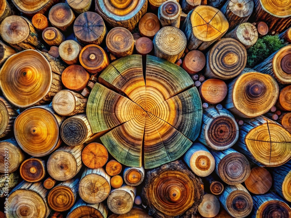 Poster aerial view of stunning wooden cross-sections showcasing intricate decorative textures and patterns 