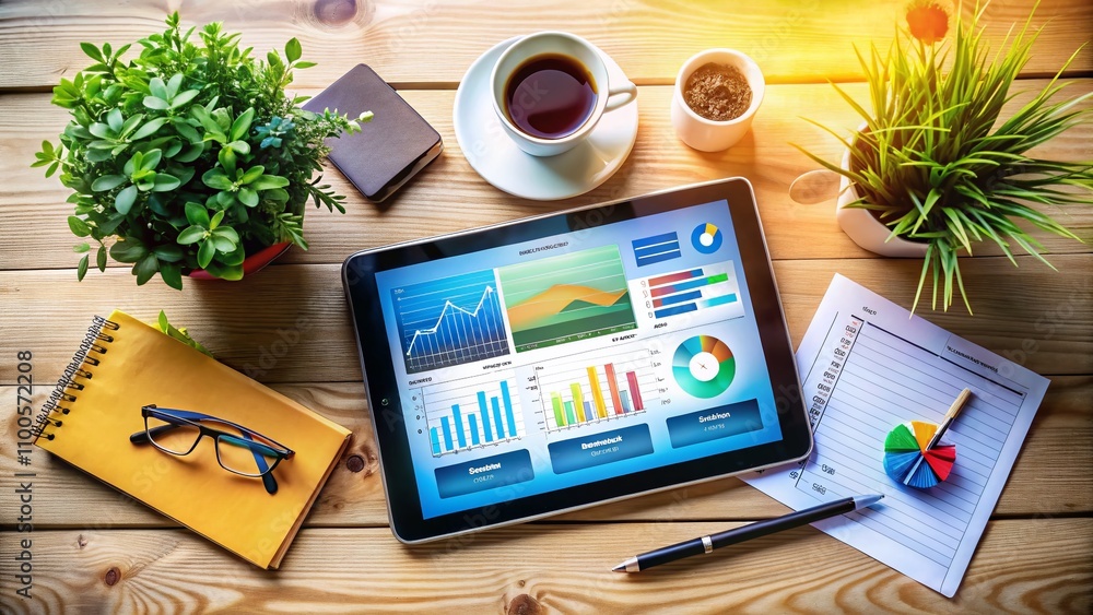 Poster aerial view of tablet displaying business charts and reports on a modern office desk surrounded by s