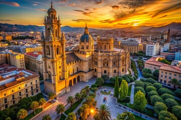 Fototapeta premium Aerial View of the Central Cathedral of Malaga, Stunning Architectural Details and Surrounding Landscapes Captured from Above in Andalusia, Spain's Historic Center