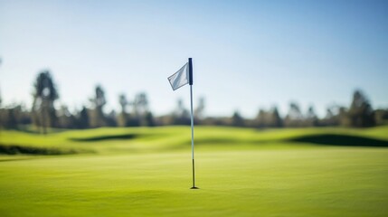 Obraz premium A golf course's flagstick with a close-up view of the flag and stick texture, outdoor setting with a breeze, Subtle style
