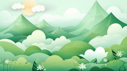 Obraz premium Summer Landscape Vector Illustration of Green Hills and Meadows Under a Blue Sky with Sun and Clouds