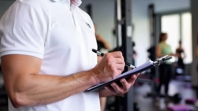 Close-up shot of fitness club manager writing notes on a clipboard with blurred fitness class in session.