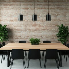 A modern conference room featuring a large wooden table, black chairs, and stylish lighting against a brick wall.