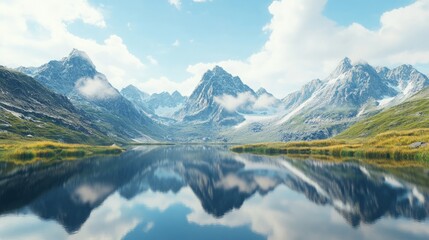 Fototapeta premium Tranquil Lake Reflection, a serene lake mirrors stunning mountain peaks under a clear blue sky, creating a harmonious blend of nature's beauty and calmness.