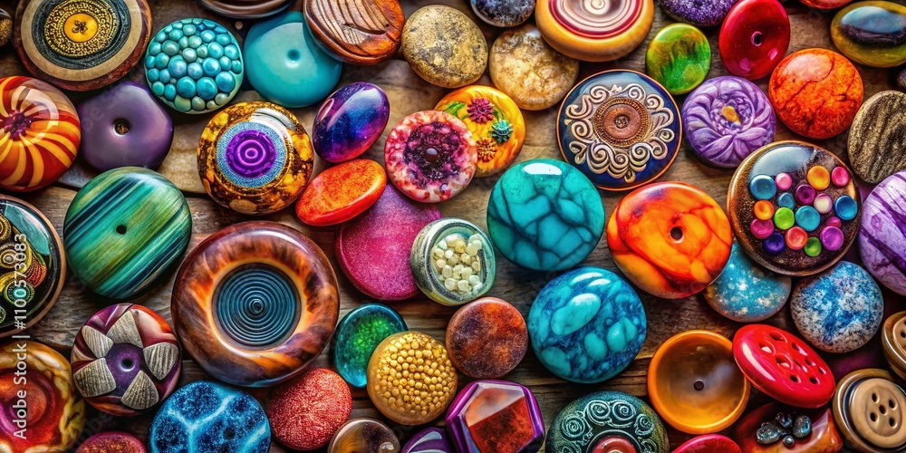 Aufkleber aerial view of unique stone game buttons arranged on a colorful background, showcasing natural textu