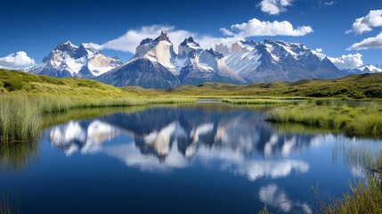 Fototapeta premium Serene lake reflecting majestic mountain peaks, tranquil waters create a perfect mirror image, showcasing nature's beauty and harmony in a pristine landscape.