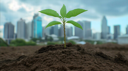 A hyperrealistic sapling standing tall in freshly tilled soil with every aspect of its growth magnified in detail against the backdrop of a modern city skyline represe