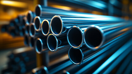 Close-up of stacked shiny metal pipes.