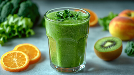 Fototapeta premium Glass of green smoothie with fruits and vegetables