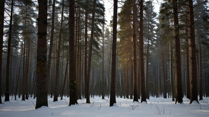 Naklejka premium Sunlit winter pine forest with snow-covered ground.