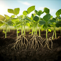 close up soybean plant showing a lot of large roots underground sunny on background