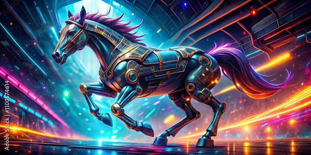 Poster a futuristic dashing horse with robotic technology in a vast sci-fi landscape captured in high depth