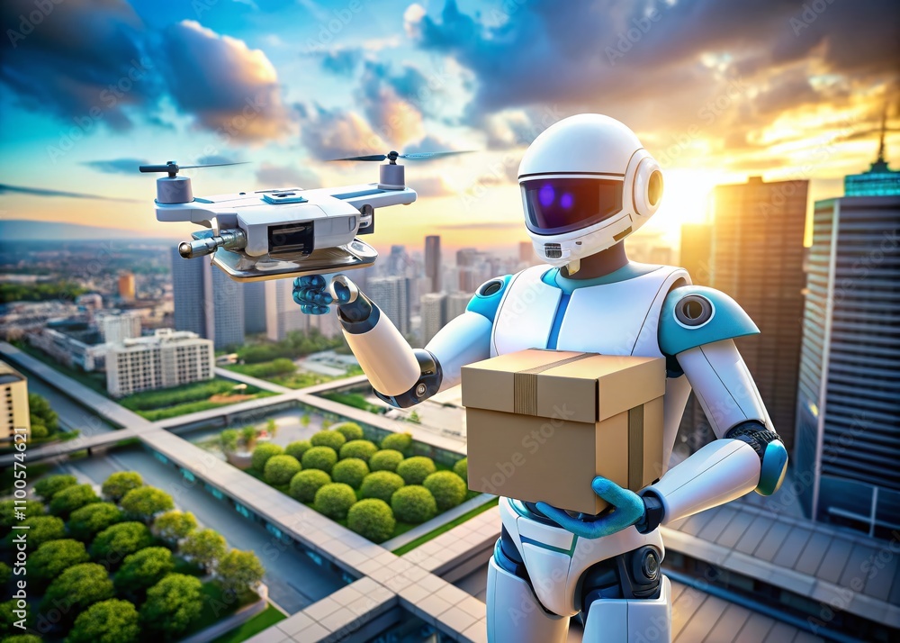 Poster a futuristic scene of a white and blue robot holding a box in its hand, captured from above using dr