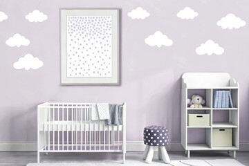 Obraz premium Playful poster mockup in a pastel-themed nursery with whimsical wallpaper, colorful wooden toys, and a cozy tented reading nook, creating a dreamy and creative environment